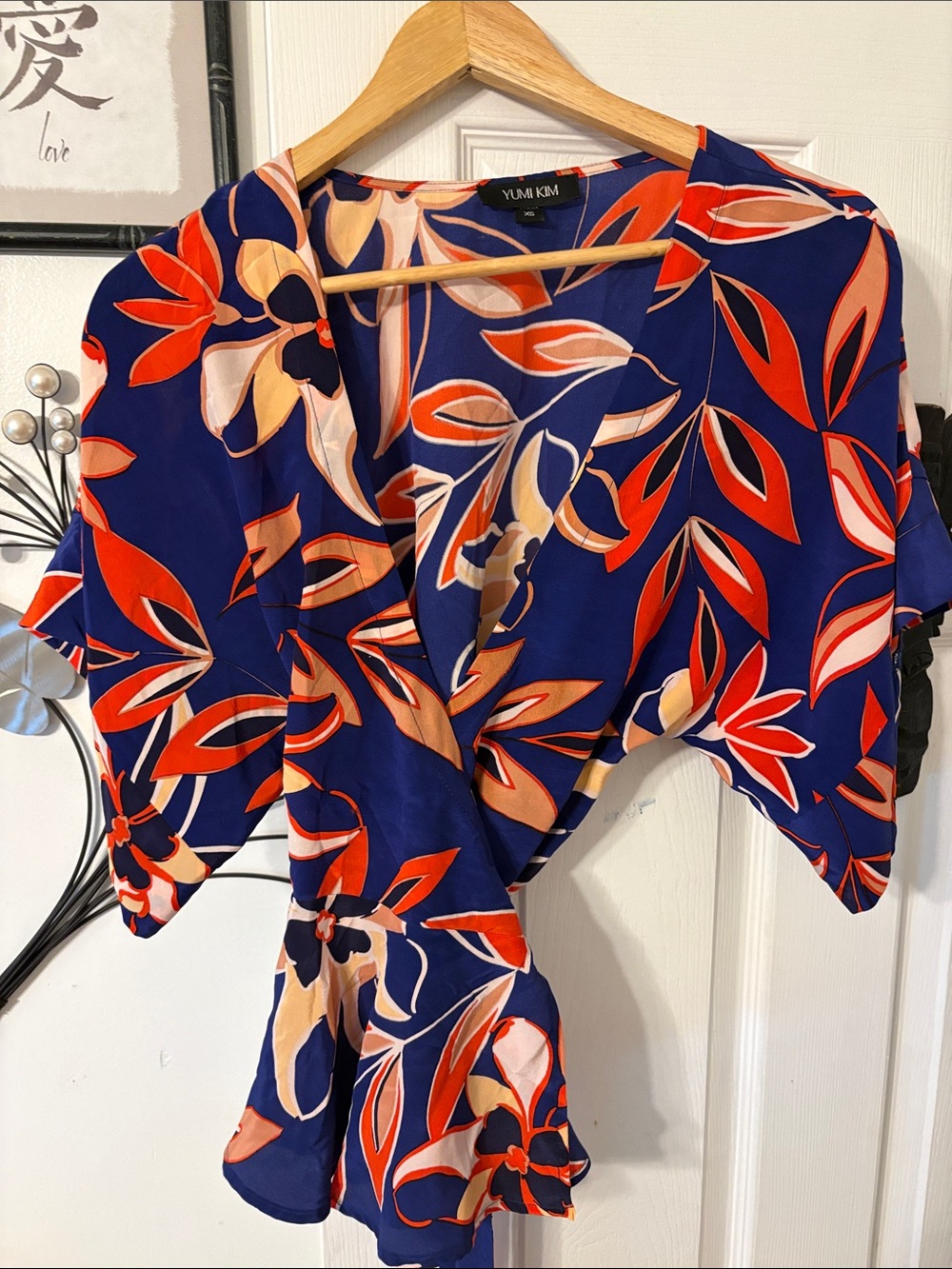 Yumi Kim Navy Blue Floral Wrap Blouse with Red and Cream Leaves